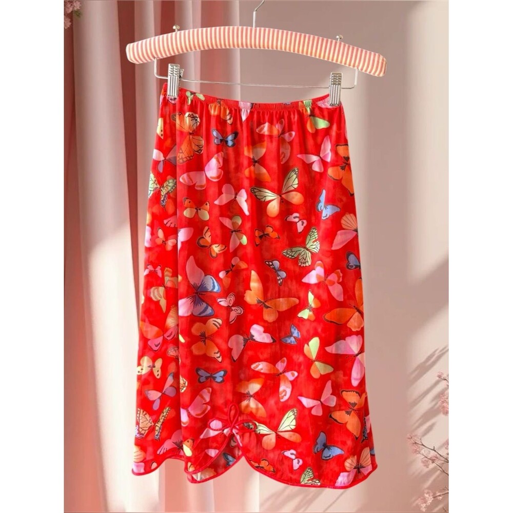 VTG 60’s Vanity Fair  Red Nylon Butterfly Print Half Slip Size S